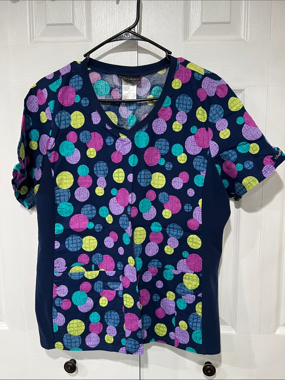 Women’s Navy Multicolor Polka Dot V‑Neck Scrub Top